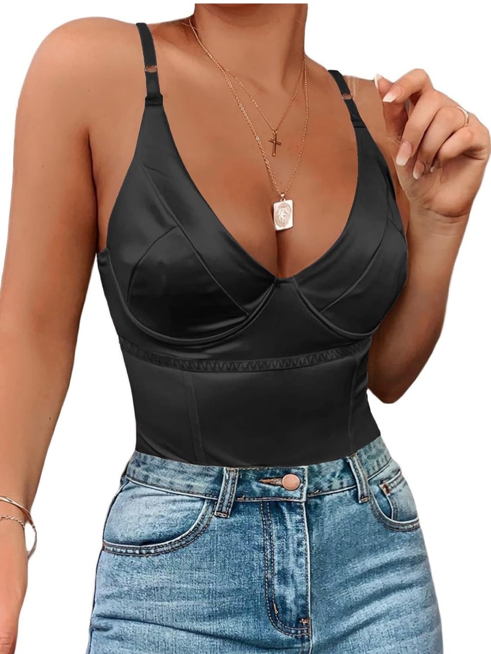 Corset Top for Women Deep V Neck Satin Bodysuit